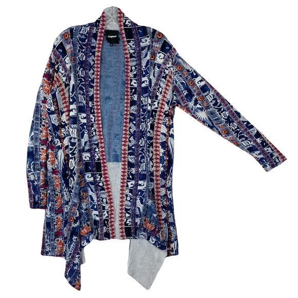 NWOT DESIGUAL Cardigan XL Blue Aztec Open Drape Asymmetric Long Sleeve Ribbed - Picture 2 of 13